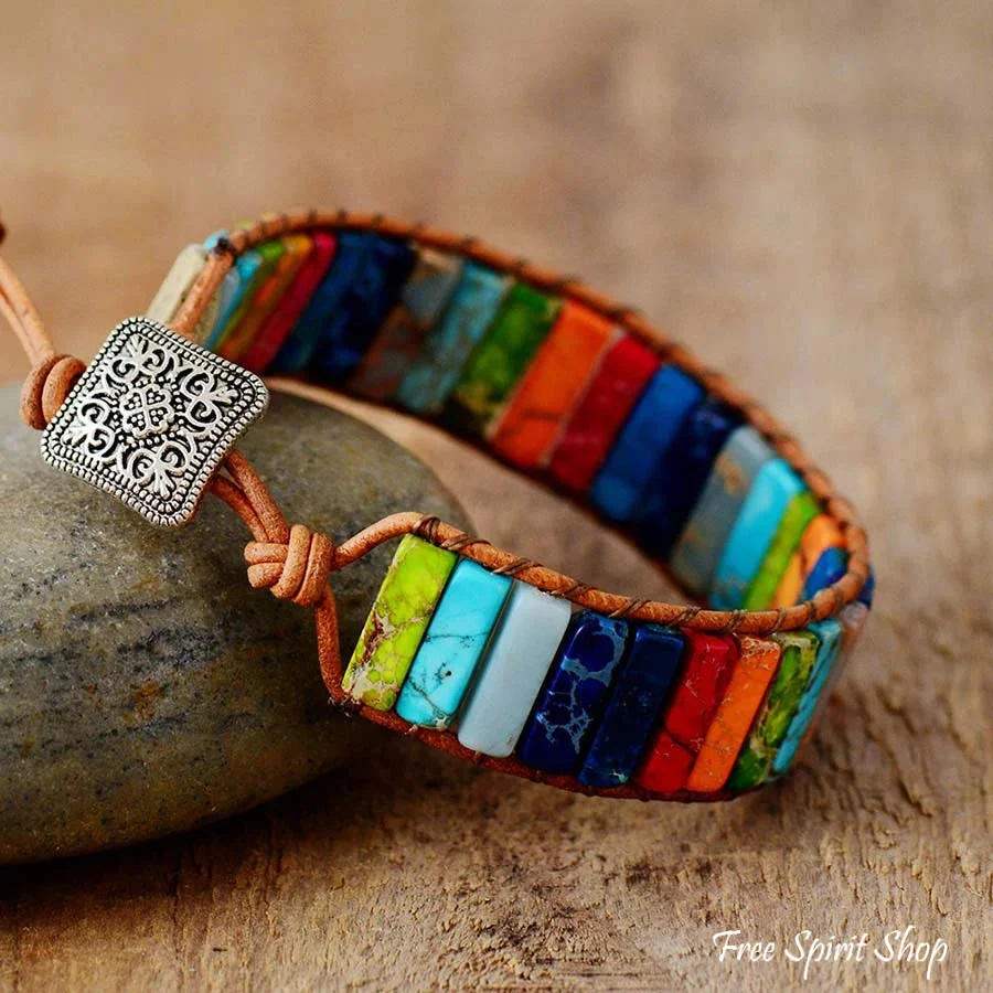 Handmade Rainbow Jasper Leather Wrap Bracelet - Image 2