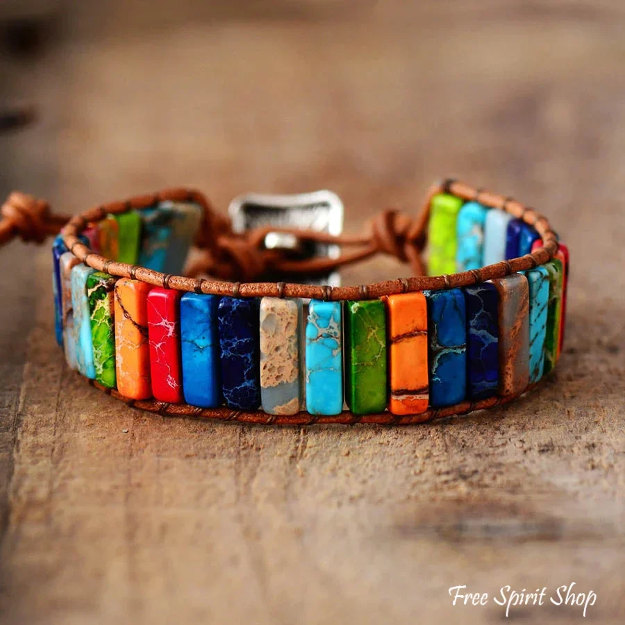 Handmade Rainbow Jasper Leather Wrap Bracelet - Image 3