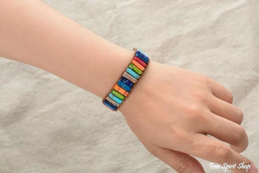 Handmade Rainbow Jasper Leather Wrap Bracelet - Image 4