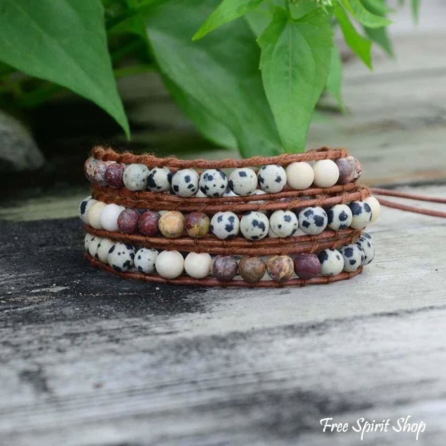 Handmade Red Jasper & Dalmatian Jasper Stone Leather Wrap Bracelet - Image 2