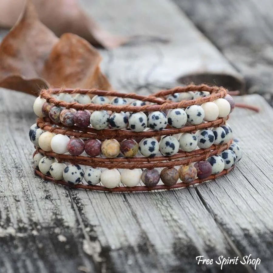 Handmade Red Jasper & Dalmatian Jasper Stone Leather Wrap Bracelet - Image 3