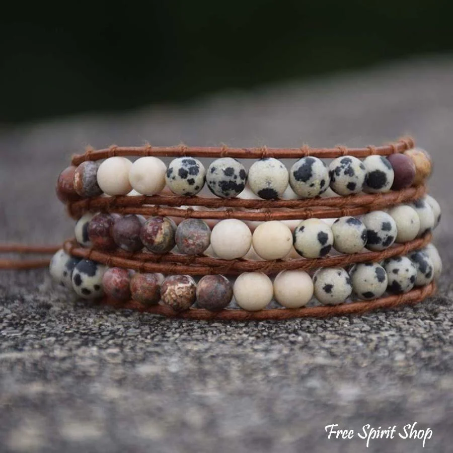 Handmade Red Jasper & Dalmatian Jasper Stone Leather Wrap Bracelet - Image 4