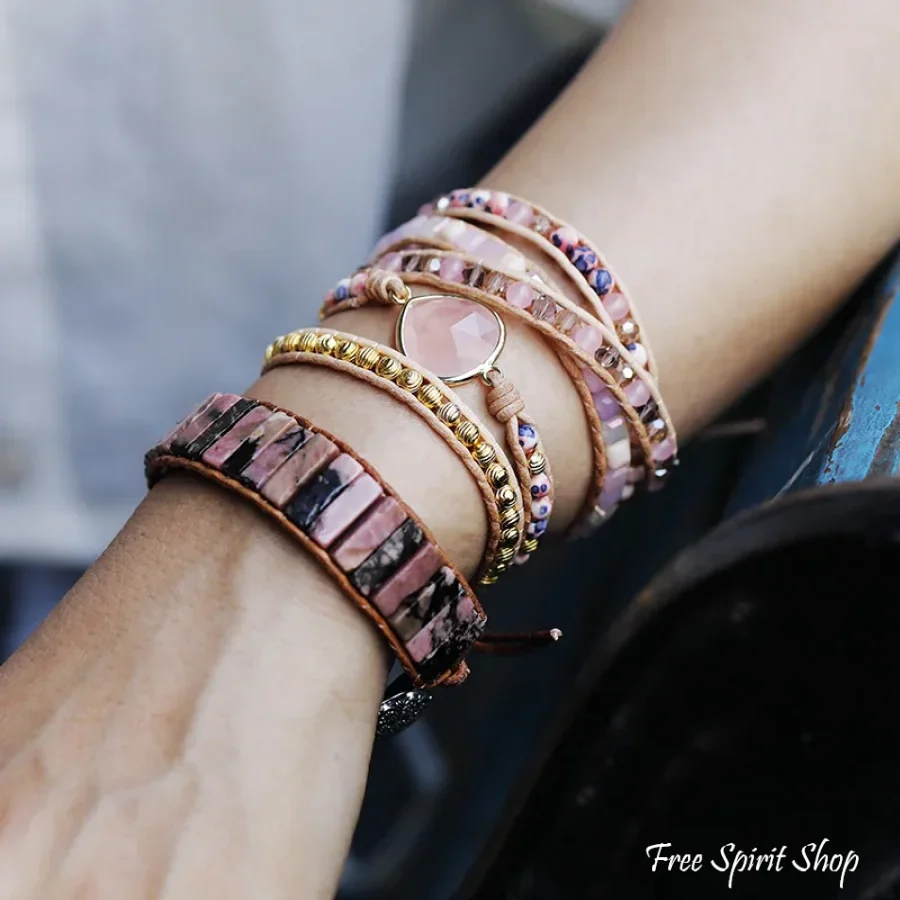 Handmade Rose Quartz & Gold Beads Wrap Bracelet - Image 2
