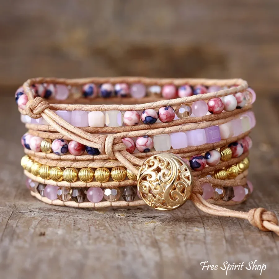 Handmade Rose Quartz & Gold Beads Wrap Bracelet - Image 3