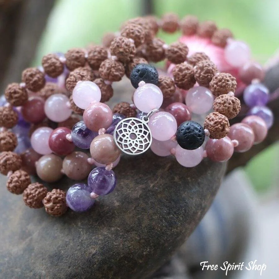 Handmade Rudraksha Rose & Purple Quartz Mala Bead Necklace - Image 2