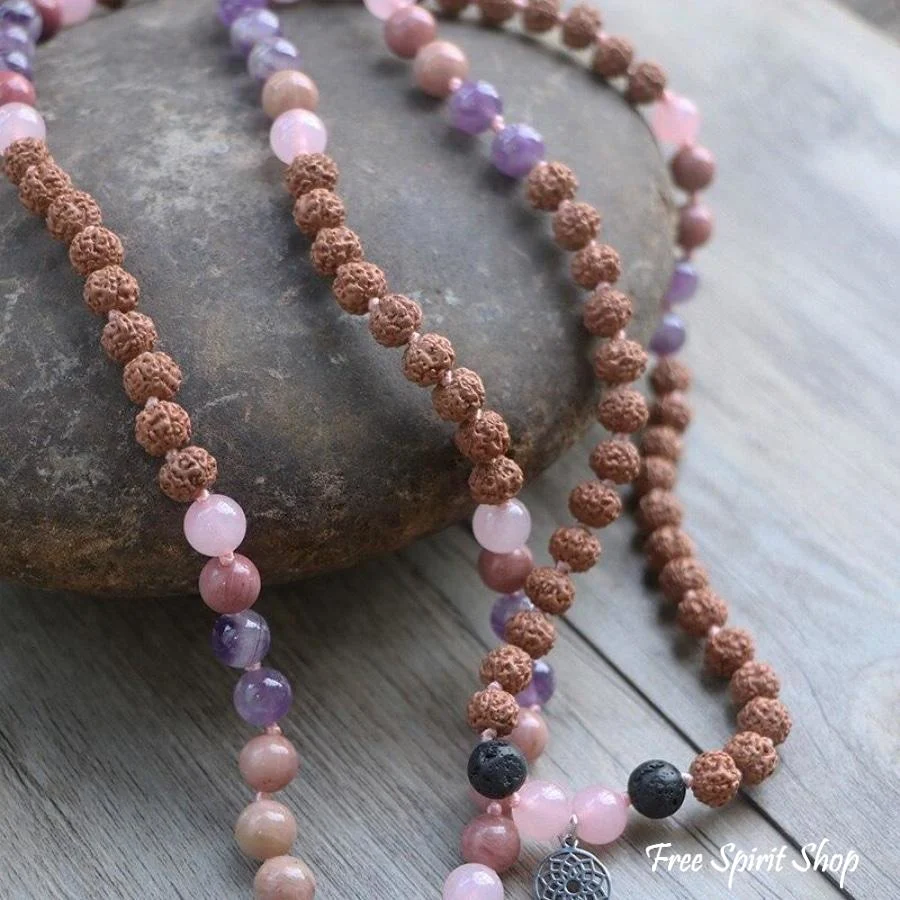Handmade Rudraksha Rose & Purple Quartz Mala Bead Necklace - Image 3
