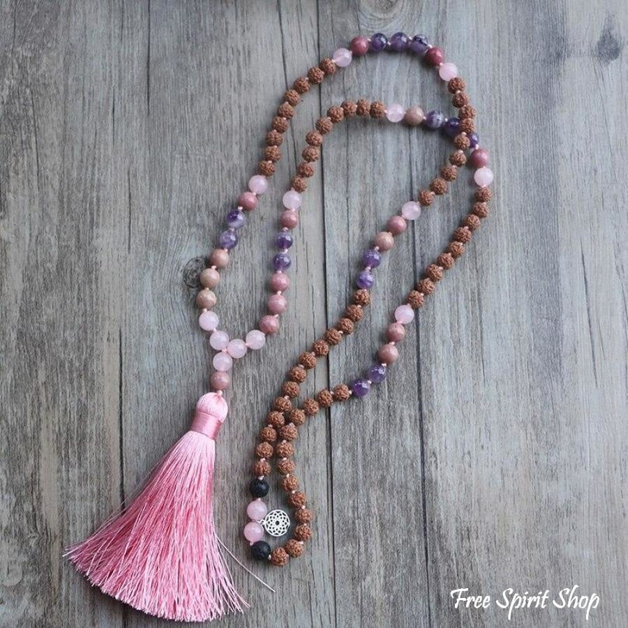 Handmade Rudraksha Rose & Purple Quartz Mala Bead Necklace - Image 4