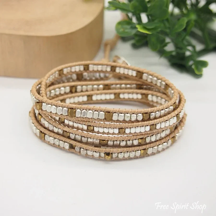 Handmade Silver & Golden Brass Bead Wrap Bracelet - Image 2