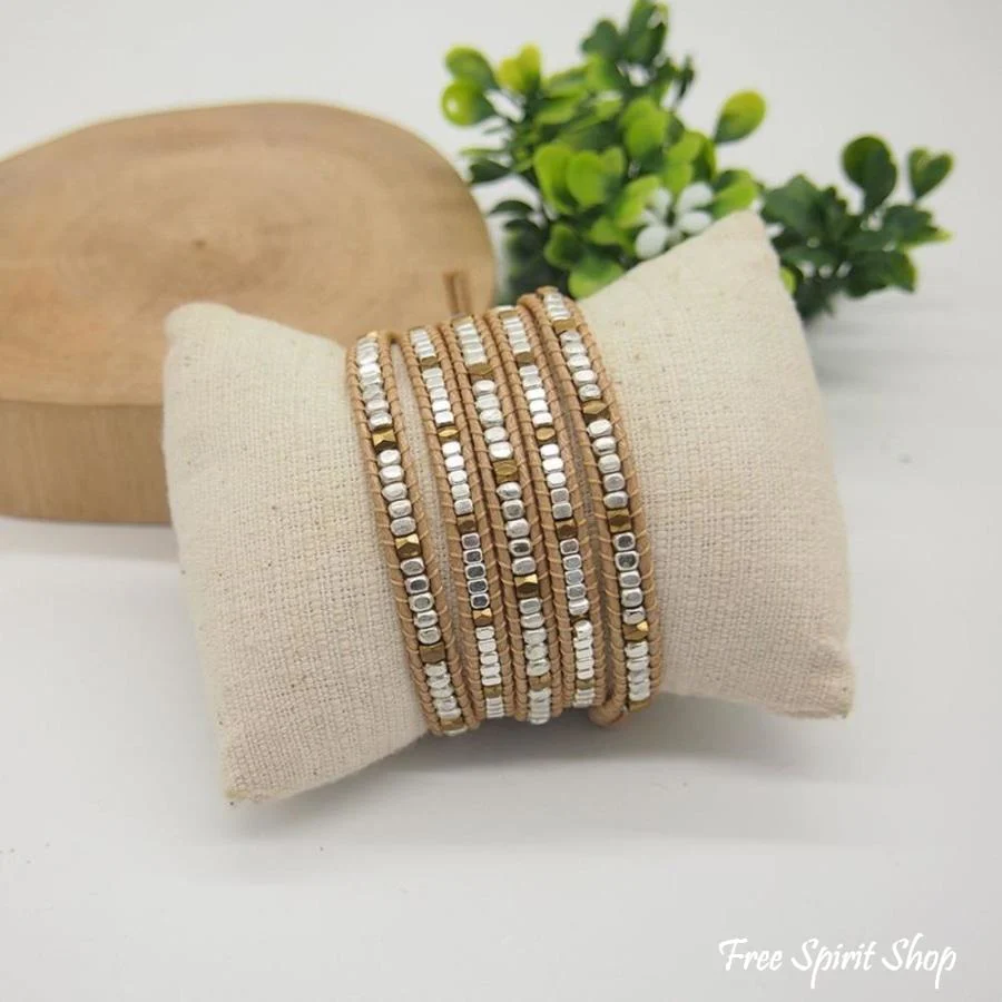 Handmade Silver & Golden Brass Bead Wrap Bracelet - Image 3