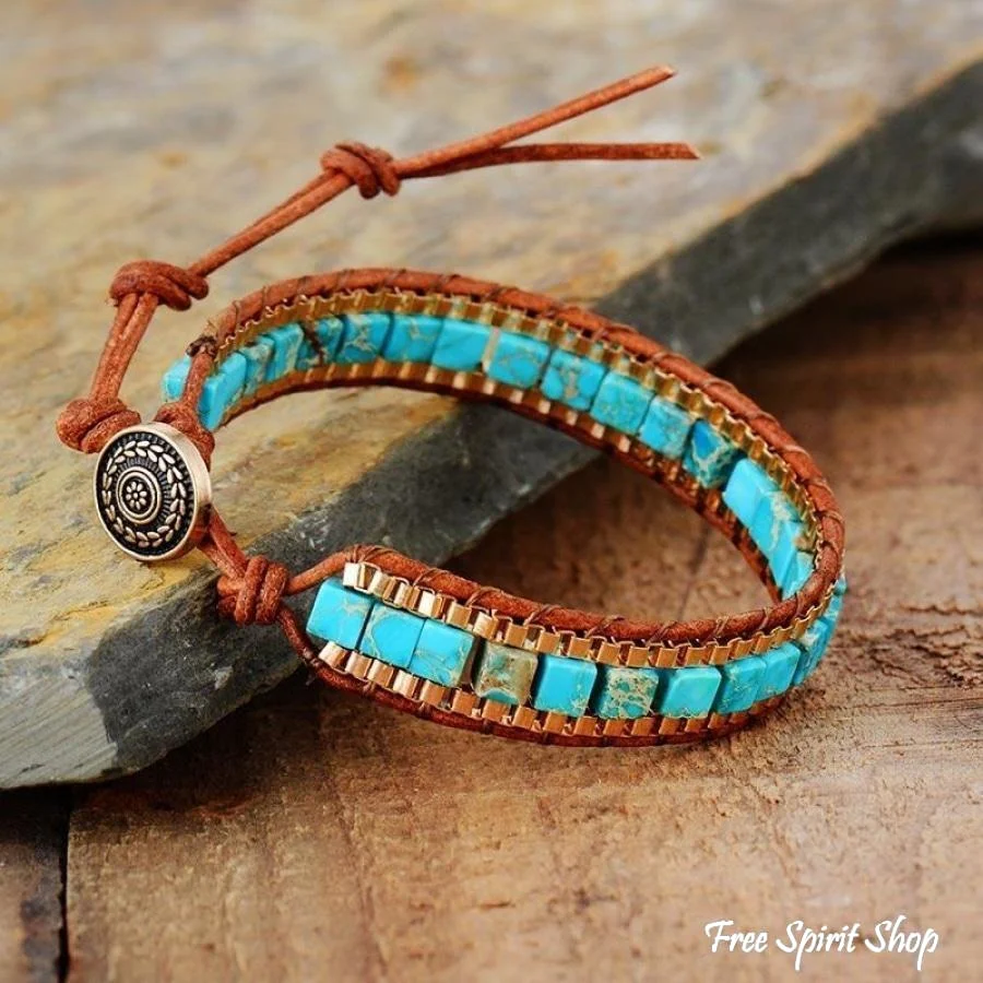 Handmade Turquoise Howlite Square Bead Bracelet - Image 2