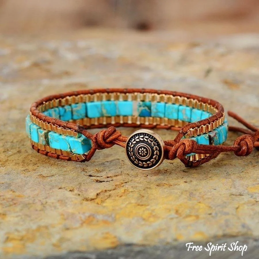 Handmade Turquoise Howlite Square Bead Bracelet - Image 6
