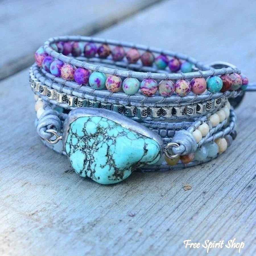 Handmade Turquoise, Jasper & Amazonite Leather Wrap Bracelet - Image 4