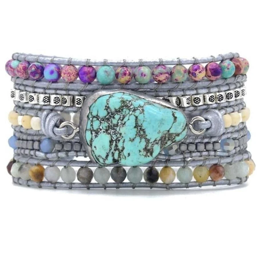Handmade Turquoise, Jasper & Amazonite Leather Wrap Bracelet - Image 5