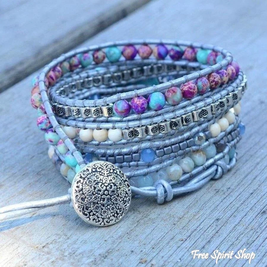 Handmade Turquoise, Jasper & Amazonite Leather Wrap Bracelet - Image 6