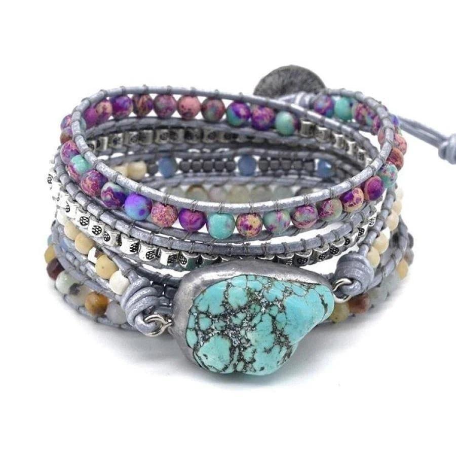 Handmade Turquoise, Jasper & Amazonite Leather Wrap Bracelet - Image 7