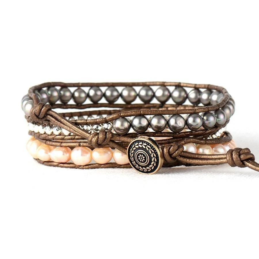 Handmade Two-tone Freshwater Pearl Wrap Bracelet - Image 4