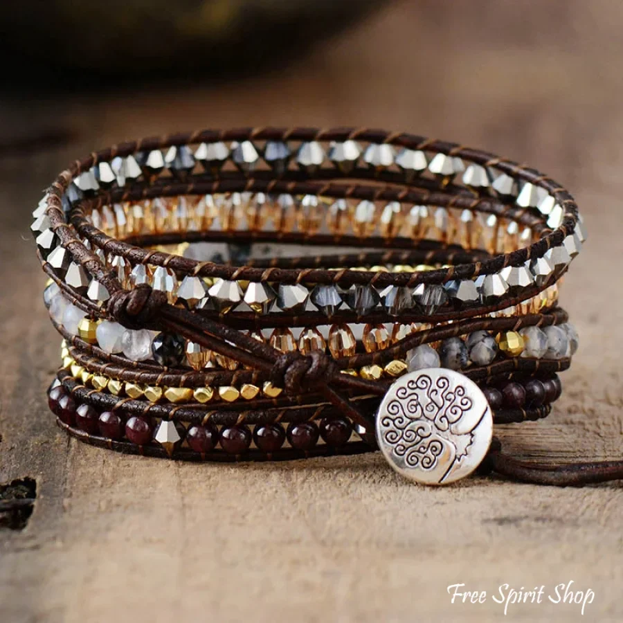 Handmade White Druzy & Crystal Beads Leather Wrap Bracelet - Image 3
