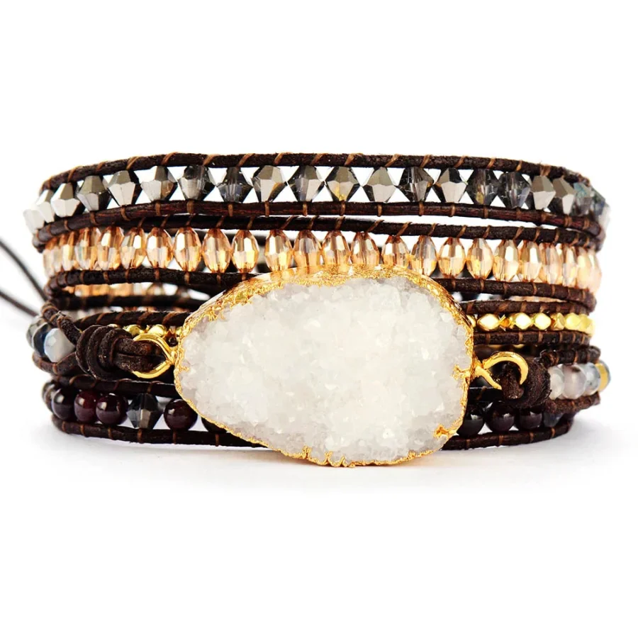 Handmade White Druzy & Crystal Beads Leather Wrap Bracelet - Image 4