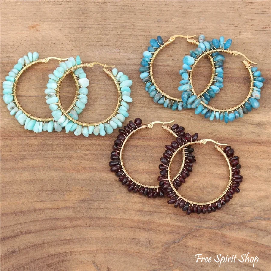 Irregular Blue Apatite Gemstone Circle Earrings - Image 4