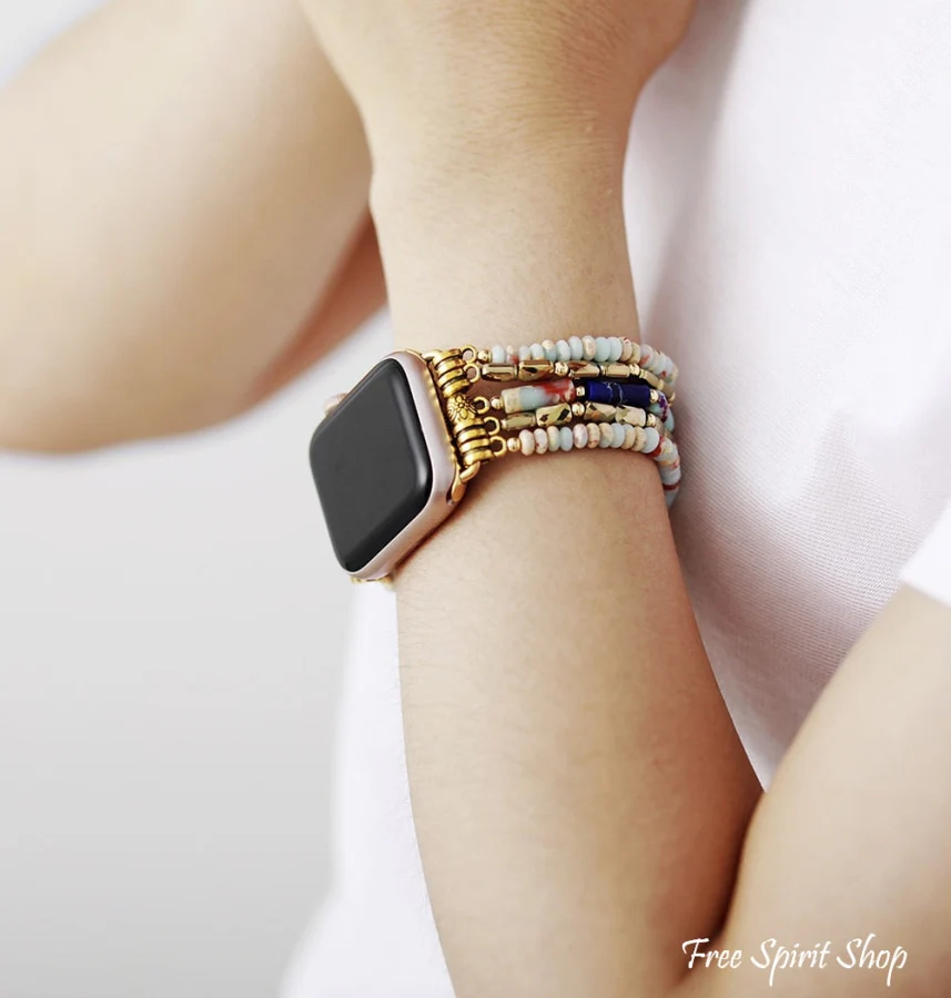 King Jasper & Rainbow Beaded Stretchable Apple Watch Band - Image 2