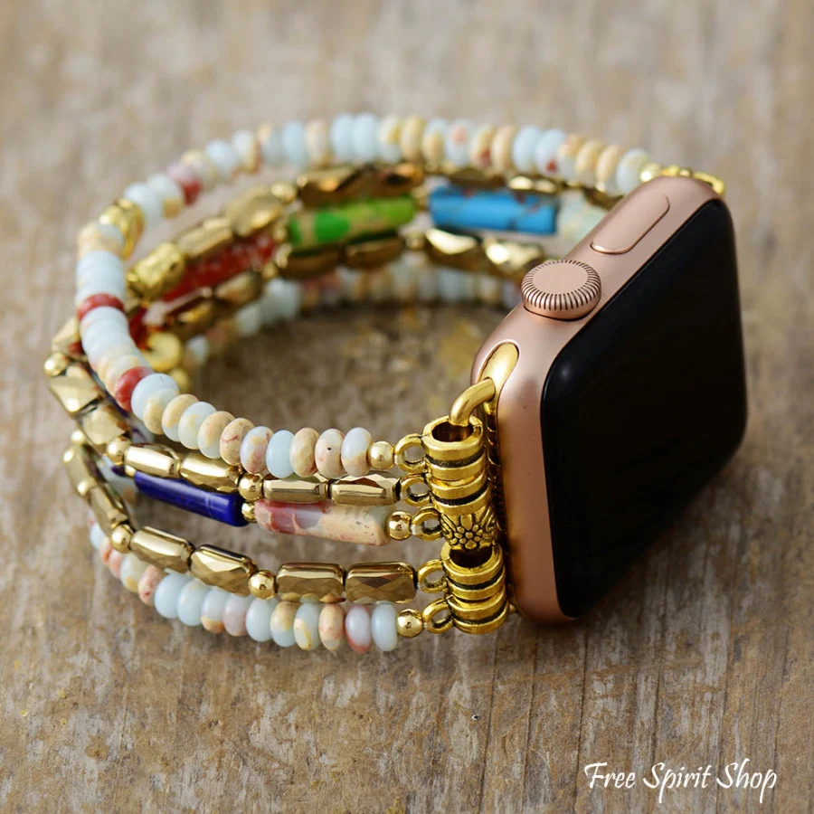King Jasper & Rainbow Beaded Stretchable Apple Watch Band - Image 3