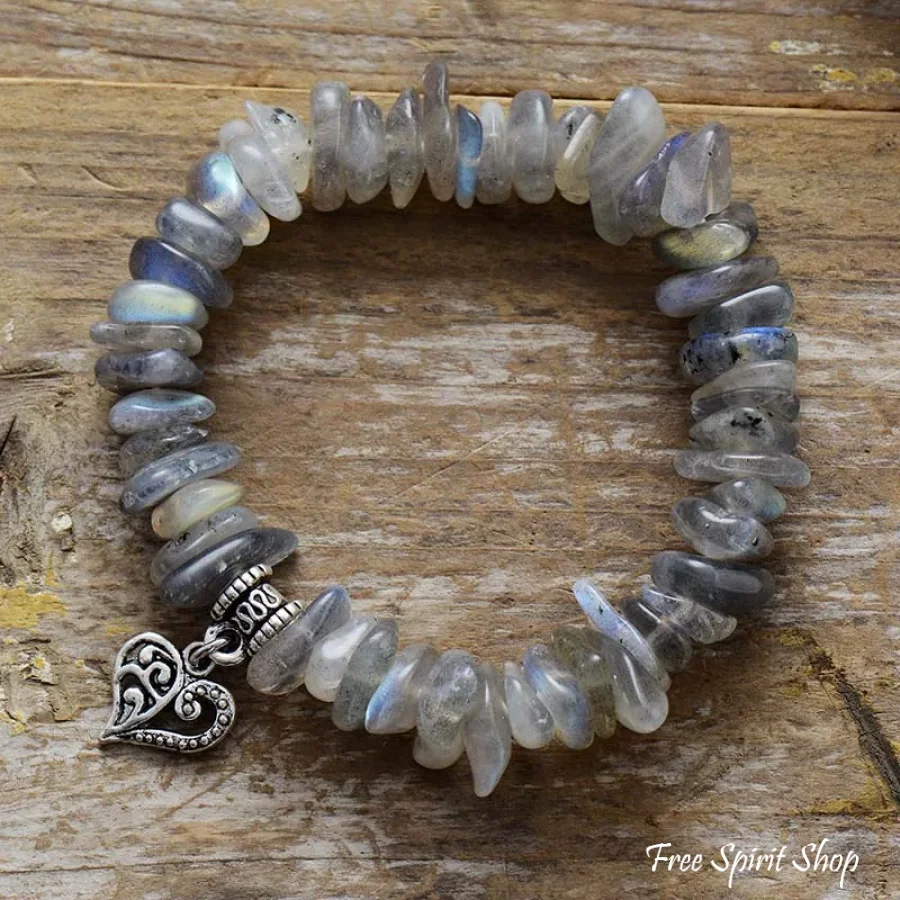 Labradorite Chip Beaded Bracelet with Heart Charm - Image 2