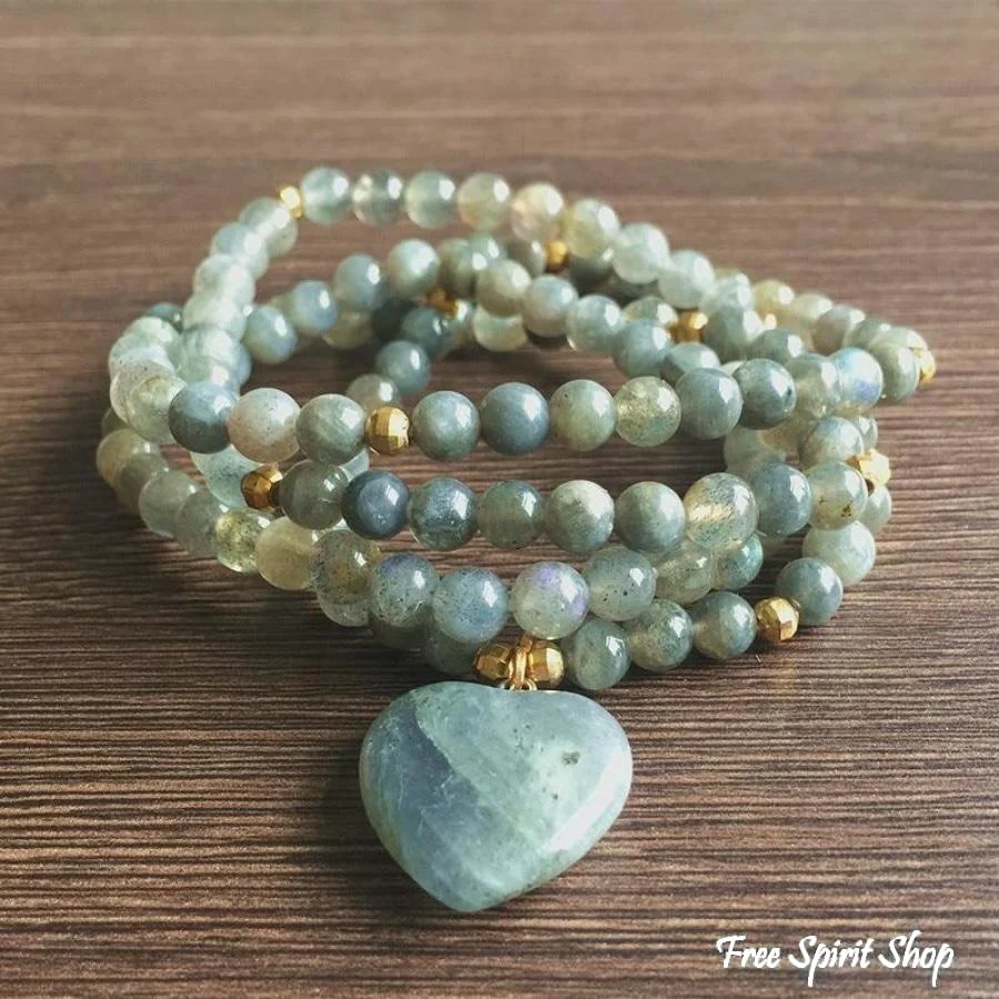 Labradorite With Heart-Shaped Labradorite Stone Mala Bead Bracelet - Image 3