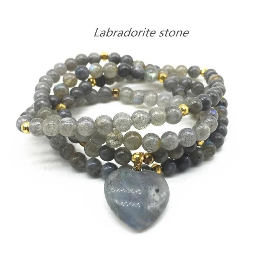Labradorite With Heart-Shaped Labradorite Stone Mala Bead Bracelet - Image 4