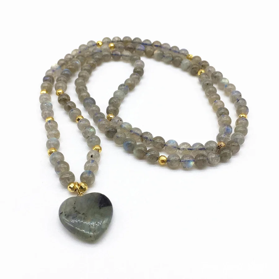 Labradorite With Heart-Shaped Labradorite Stone Mala Bead Bracelet - Image 5