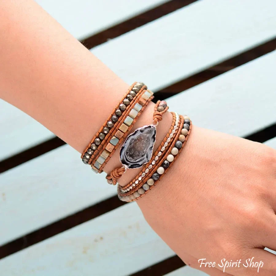 Handmade Jasper & Agate Druzy Leather Wrap Bracelet - Image 2