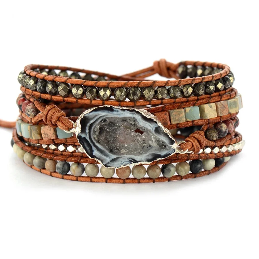 Handmade Jasper & Agate Druzy Leather Wrap Bracelet - Image 3