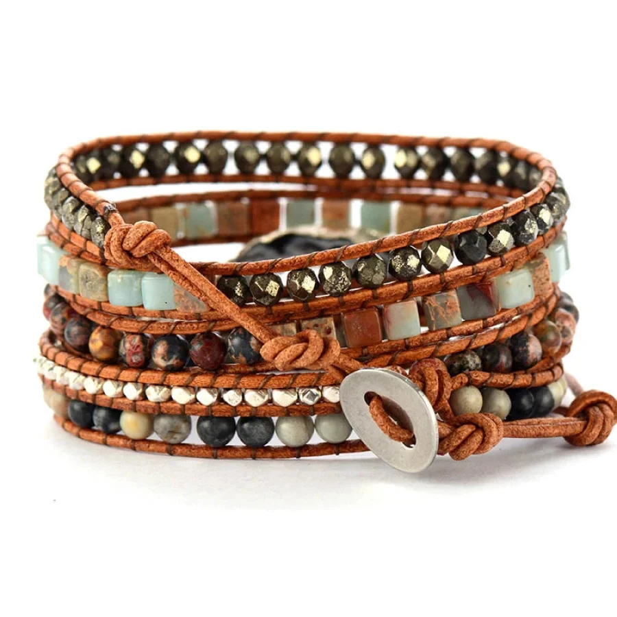 Handmade Jasper & Agate Druzy Leather Wrap Bracelet - Image 4