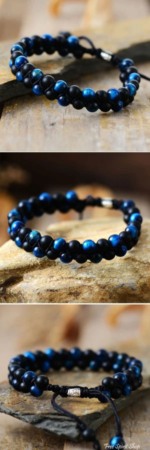 Natural Black Onyx & Blue Tiger Eye Bead Bracelet - Image 2