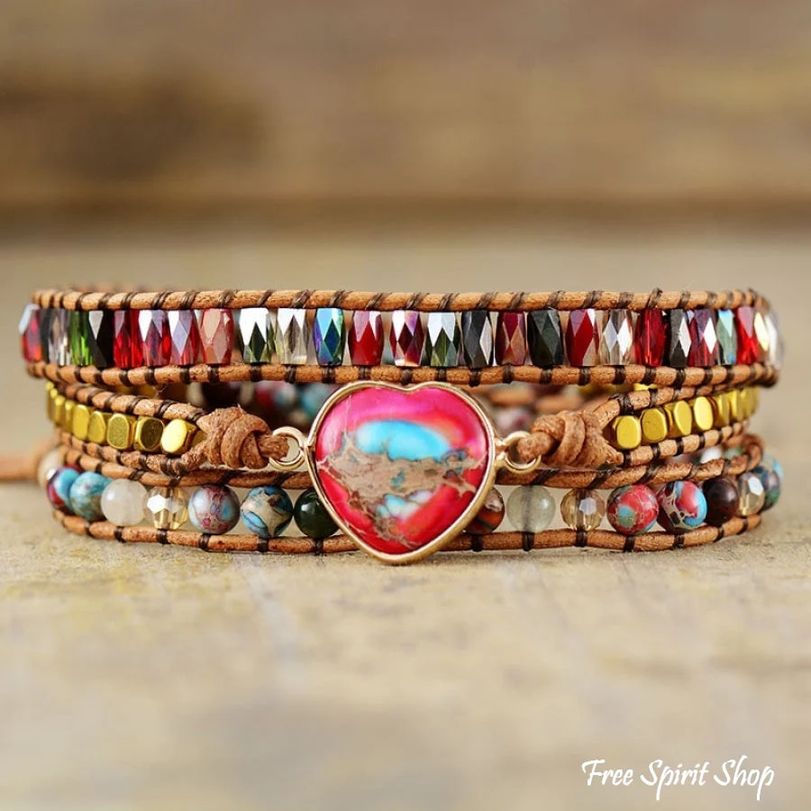 Mixed Beads & Red Heart Jasper Charm Wrap Bracelet