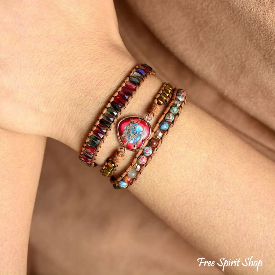 Mixed Beads & Red Heart Jasper Charm Wrap Bracelet - Image 2