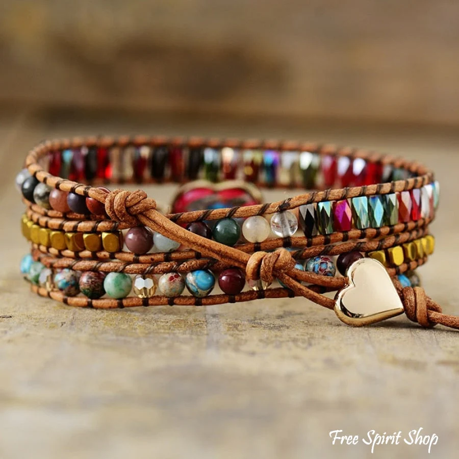 Mixed Beads & Red Heart Jasper Charm Wrap Bracelet - Image 3