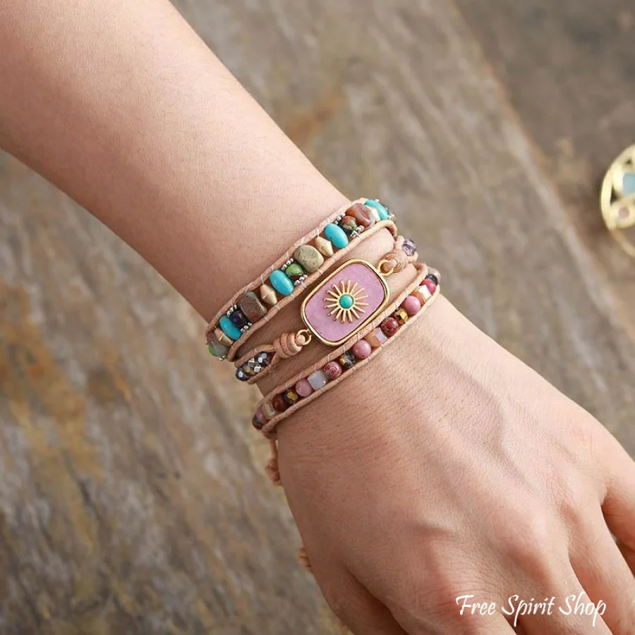 Mixed Beads & Sun Charm Wrap Bracelet - Image 2