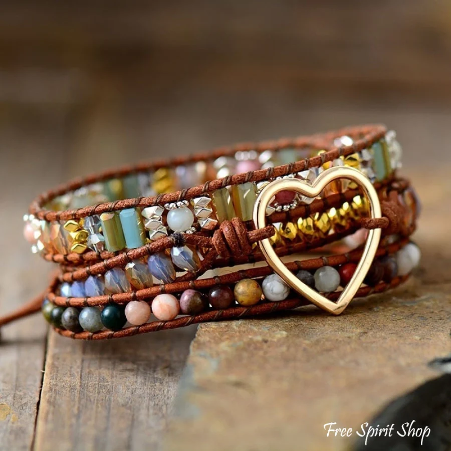Mixed Gemstones & Heart Charm Wrap Bracelet - Image 2