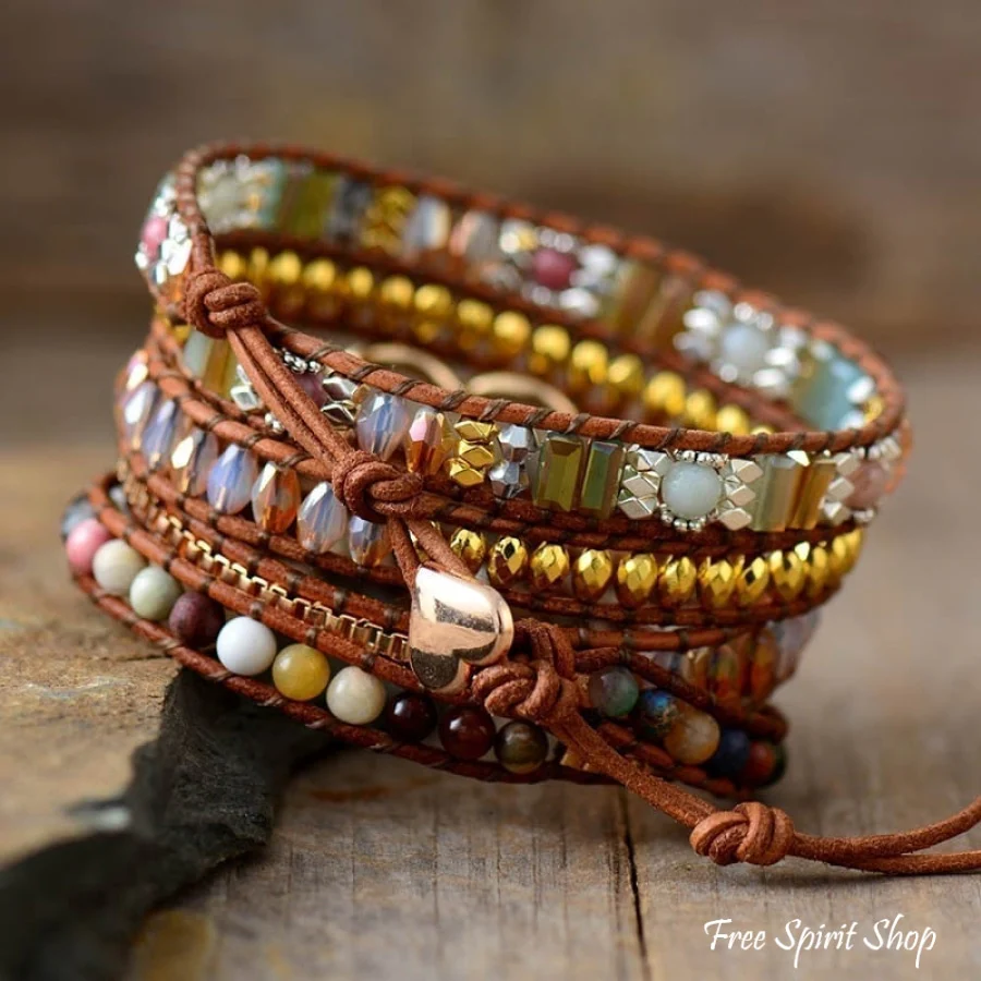 Mixed Gemstones & Heart Charm Wrap Bracelet - Image 3