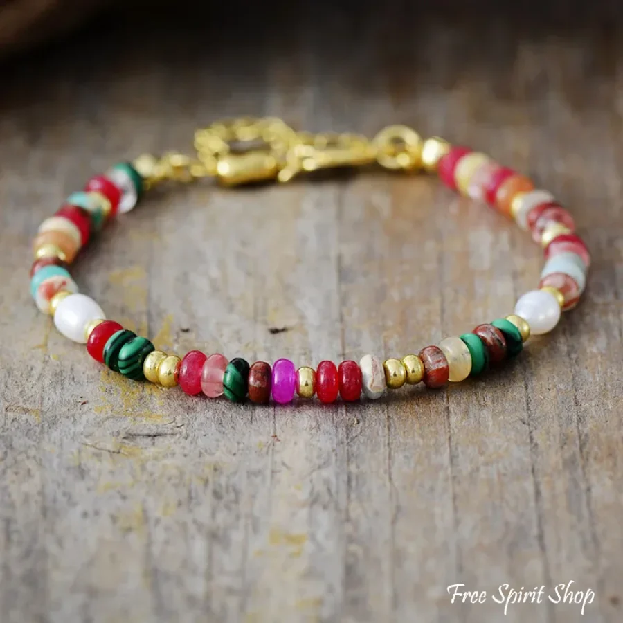 Mixed Multi-Color Natural Stone Bead & Pearl Bracelet - Image 2