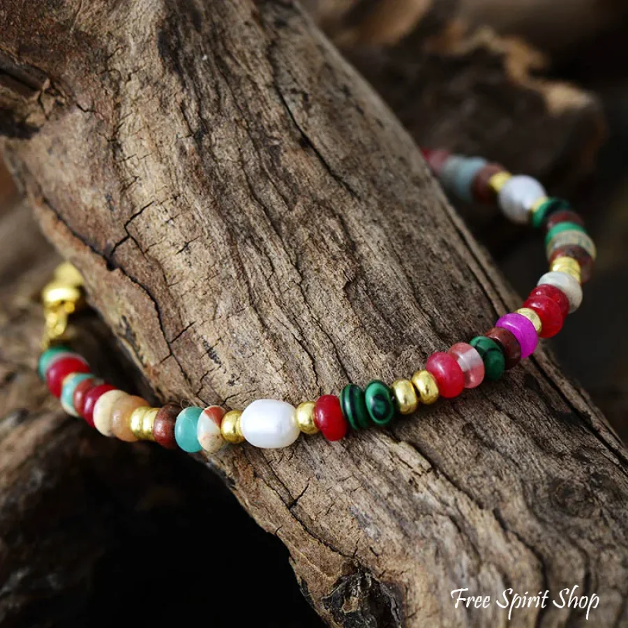 Mixed Multi-Color Natural Stone Bead & Pearl Bracelet - Image 3