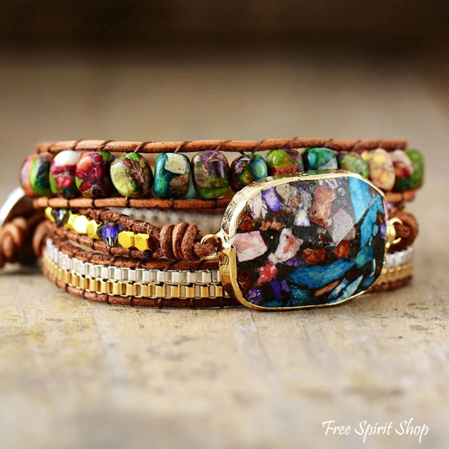 Multi-color Imperial Jasper & Chain Wrap Bracelet - Image 3
