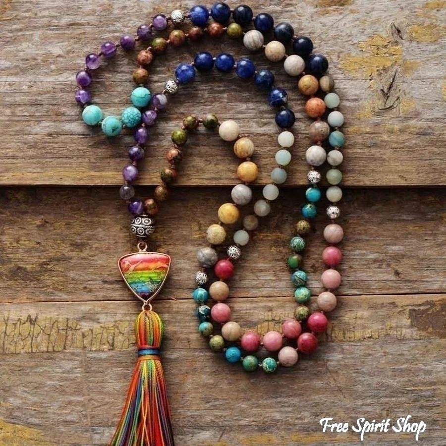 Natural 7 Chakra Balancing Beaded Tassel Necklace - Image 3