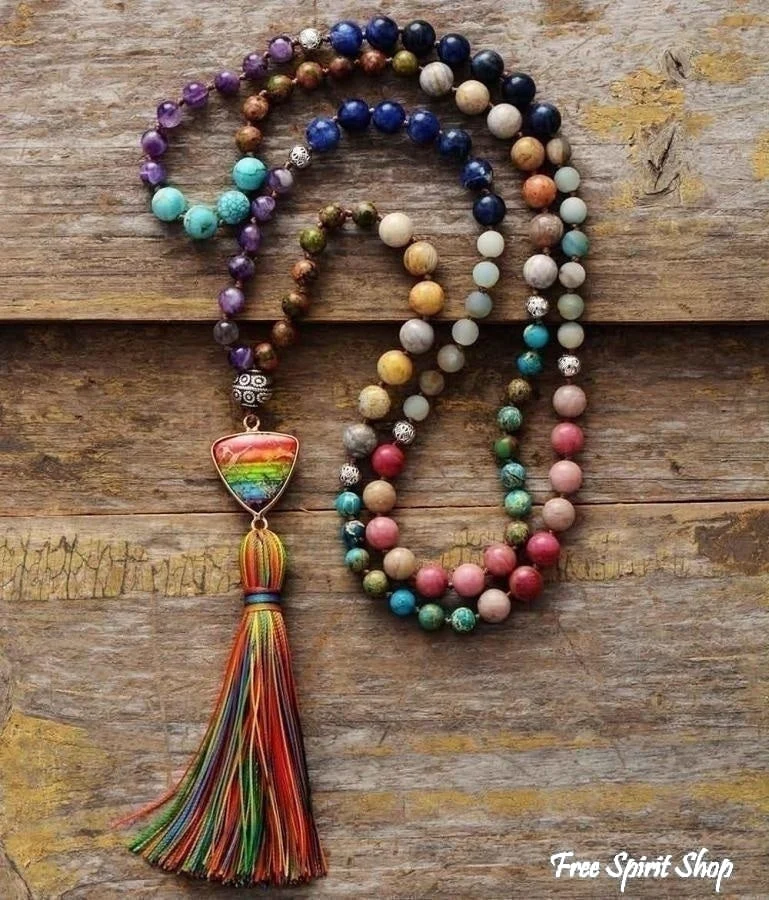 Natural 7 Chakra Balancing Beaded Tassel Necklace - Image 4
