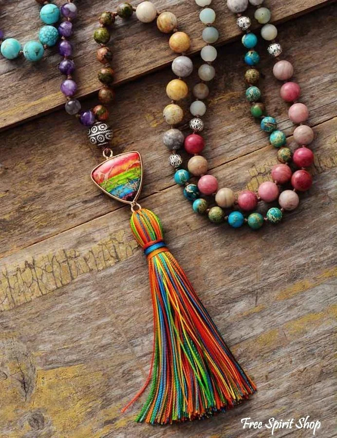 Natural 7 Chakra Balancing Beaded Tassel Necklace - Image 6