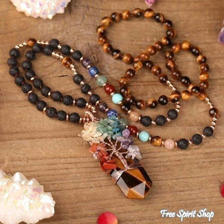 Natural 7 Chakra Tree of Life & Lava Stone Bead Necklace - Image 3