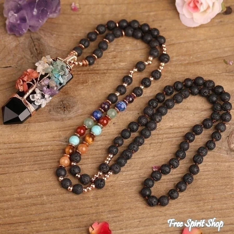 Natural 7 Chakra Tree of Life & Lava Stone Bead Necklace - Image 5