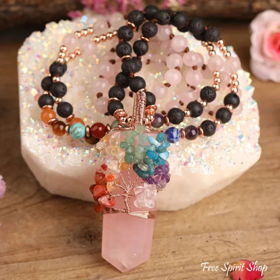 Natural 7 Chakra Tree of Life & Lava Stone Bead Necklace - Image 8