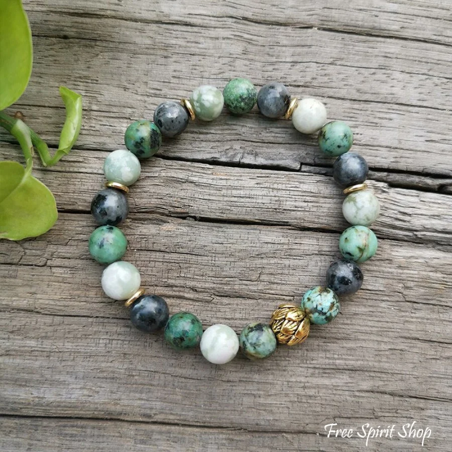 Natural African Turquoise Labradorite & Green Jade Bead Bracelet