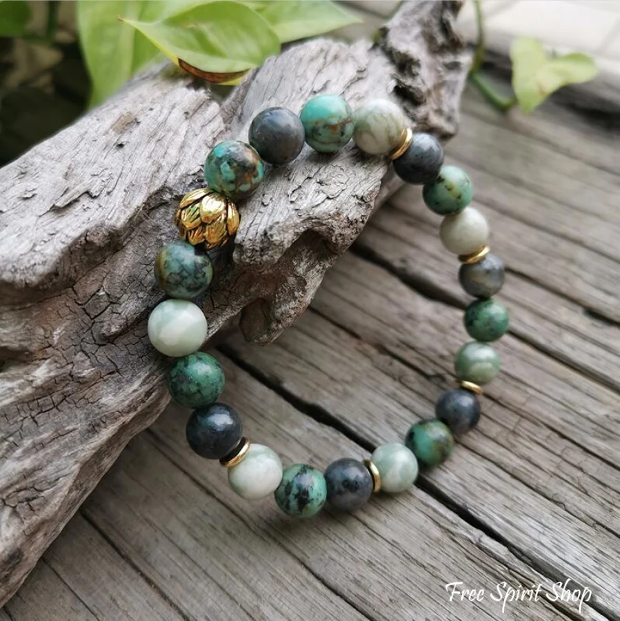Natural African Turquoise Labradorite & Green Jade Bead Bracelet - Image 2